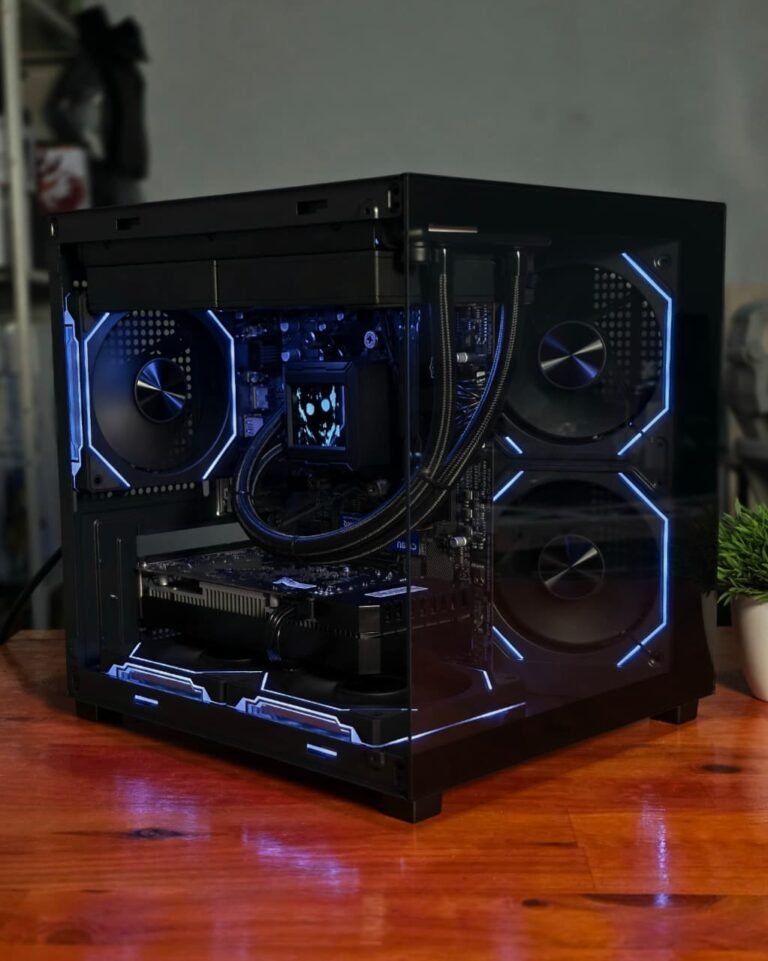 PC Gamer montado com gabinete de vidro e iluminação RGB